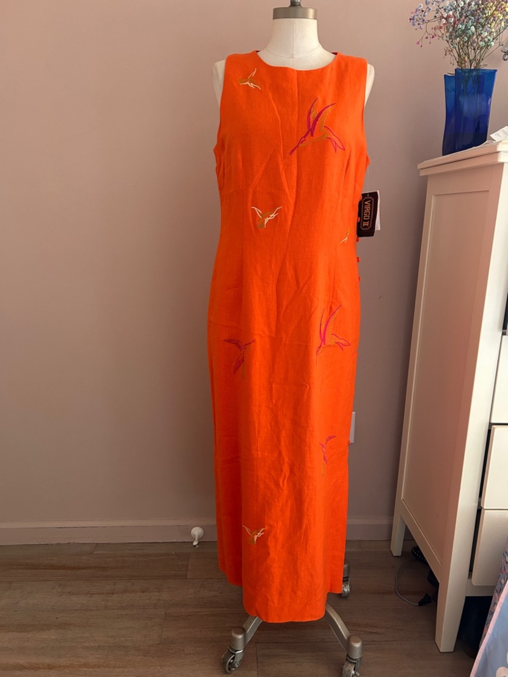 Virgo Bright Orange Sleeveless Embroidered Maxi Dress w slits linen resort sz 14
